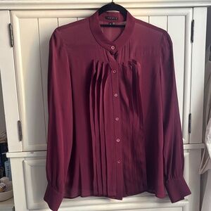 Theory Burgundy Silk Pleated Button-Up Blouse